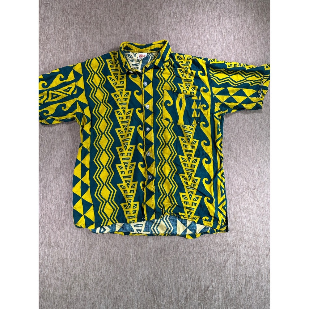 Hula Bay Mens Large Rayon Tribal Geometric Button Down Shirt Teal Yellow